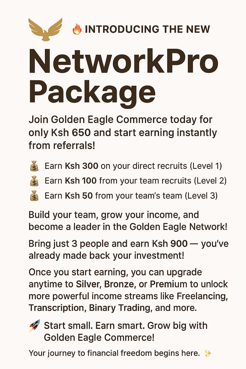 How to Start Earning Online in Kenya with only  ksh 650 using Golden Eagle Commerce NetworkPro Starter Package